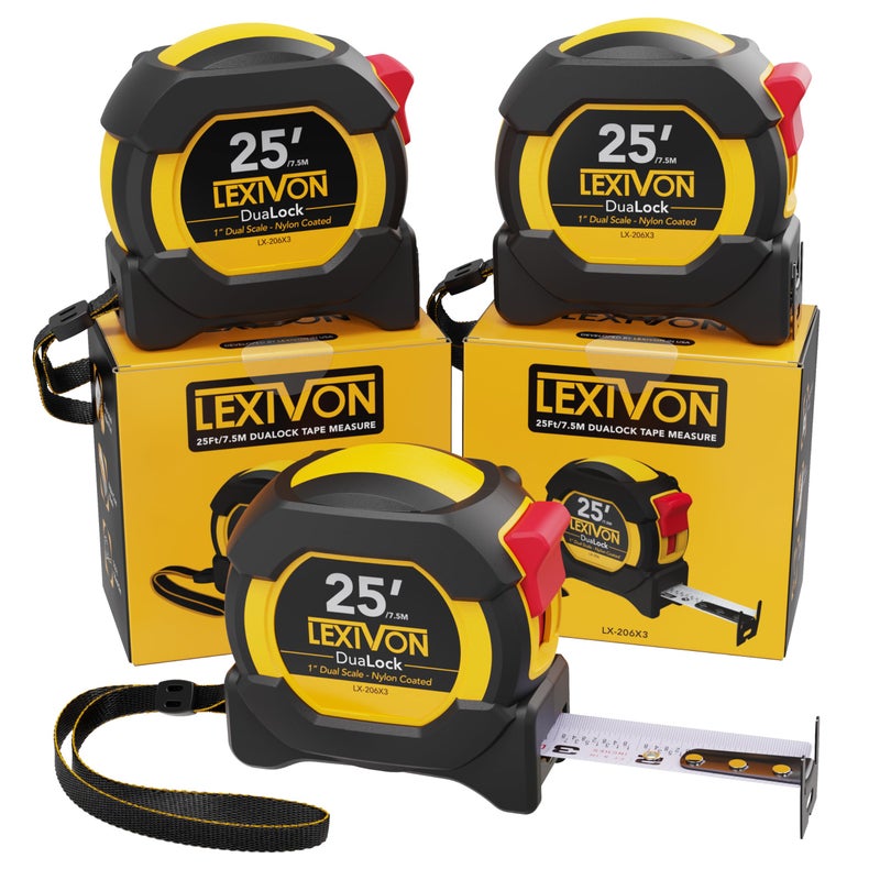 LEXIVON [3-Pack] 25Ft/7.5m DuaLock Tape Measure | 1-Inch Wide Blade with Nylon Coating, Matte Finish White & Yellow Dual Sided Rule Print | Ft/Inch/Fractions/Metric (LX-206X3) - Image 1